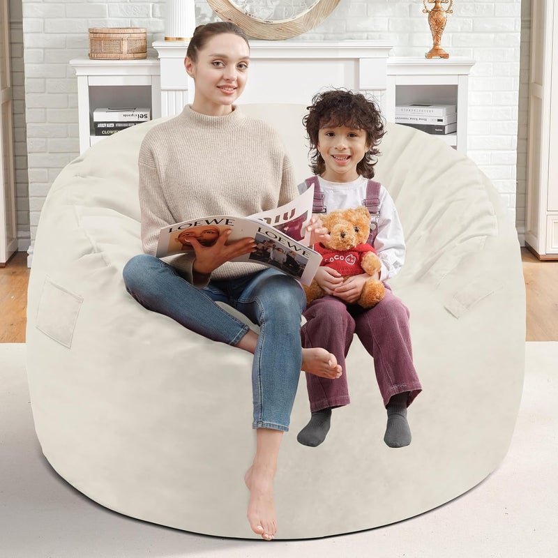SIMFLAG 3FT Bean Bag Chair, Comfy Bean Bag Chairs with Memory Foam Filled, Fluffy Beanbag Sofa with Dutch Velvet Cover, Round BeanBag Chairs for Living Room, Playroom - Beige - Image 2